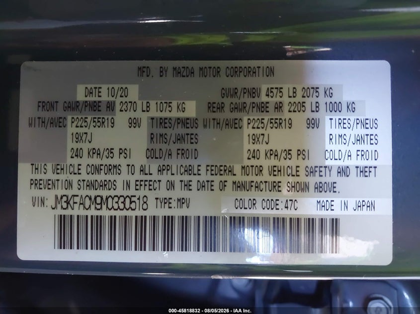 2021 Mazda Cx-5 VIN JM3KFACM9M0330518 IAAI salvage auction — FRONT END, Salvage Title, sold $7,300 on 2026-08-20 (photo 9)