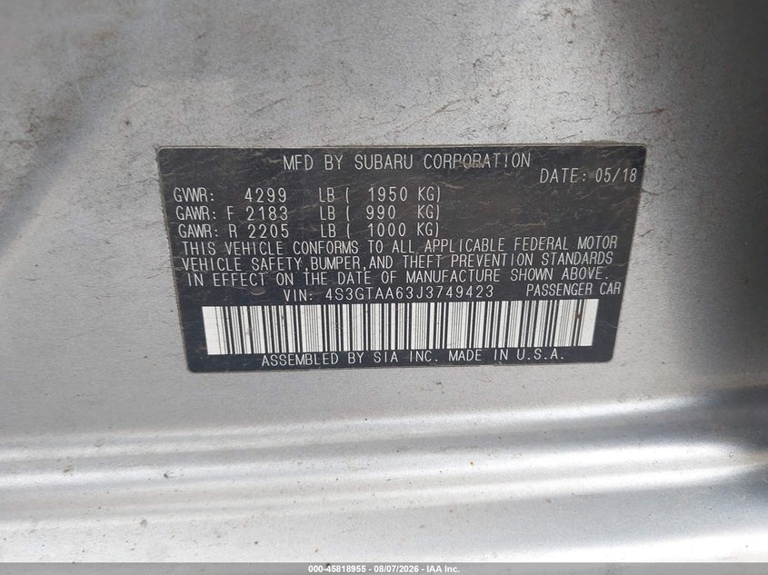 2018 Subaru Impreza VIN 4S3GTAA63J3749423 IAAI salvage auction — FRONT END, Wait Title, sold $675 on 2026-09-11 (photo 9)