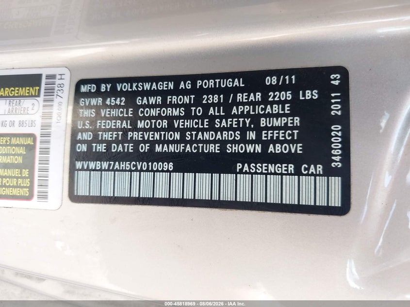 2012 Volkswagen Eos VIN WVWBW7AH5CV010096 IAAI salvage auction — NORMAL WEAR, Clear (Virginia), sold $325 on 2026-08-11 (photo 9)