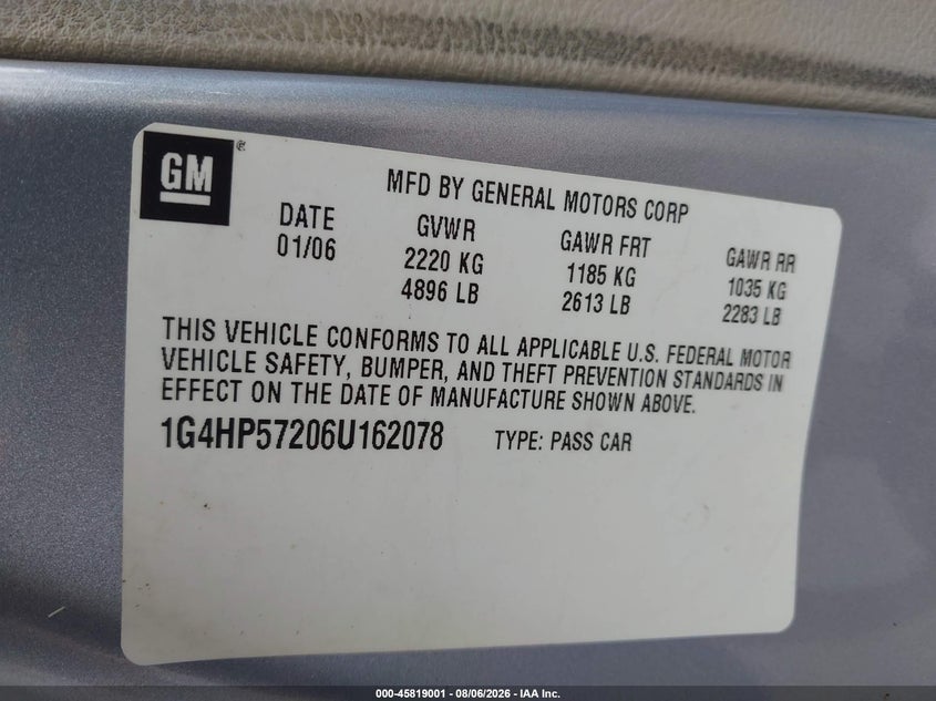 2006 Buick Lucerne VIN 1G4HP57206U162078 IAAI salvage auction — LEFT FRONT, Rebuildable (Florida), sold $300 on 2026-08-23 (photo 9)