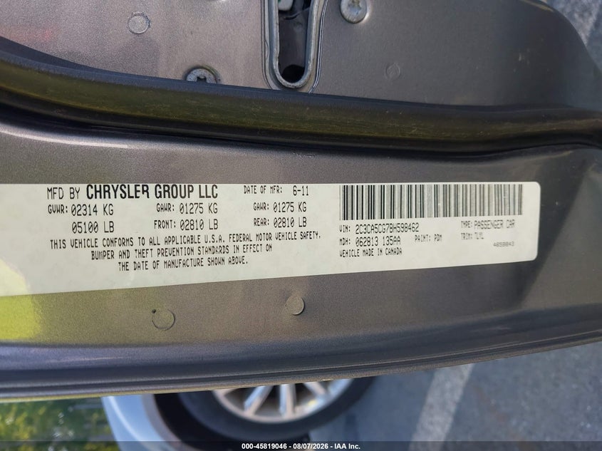 2011 Chrysler 300 VIN 2C3CA5CG7BH598462 IAAI salvage auction — NORMAL WEAR, Clear (New York), sold $800 on 2026-08-22 (photo 9)