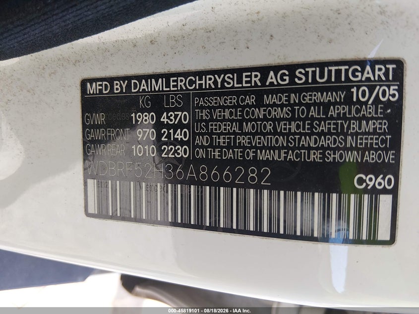 2006 Mercedes-benz C class VIN WDBRF52H36A866282 IAAI salvage auction — NORMAL WEAR, Clear (Georgia), sold $175 on 2026-08-21 (photo 9)