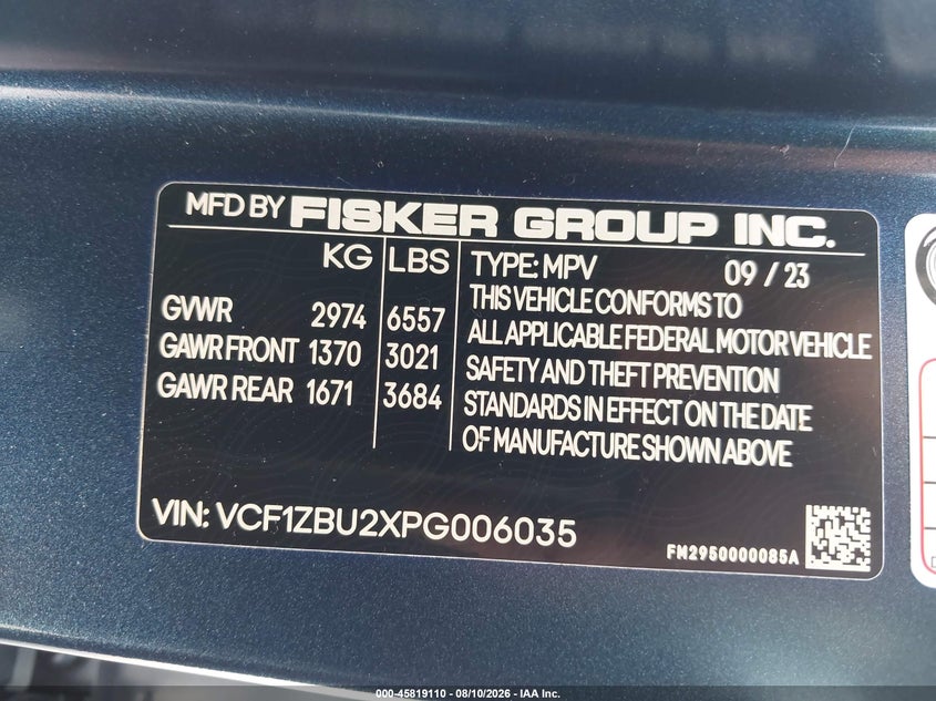 2023 Fisker Ocean VIN VCF1ZBU2XPG006035 IAAI salvage auction — NORMAL WEAR, Clear (Indiana), sold $11,250 on 2026-09-30 (photo 9)