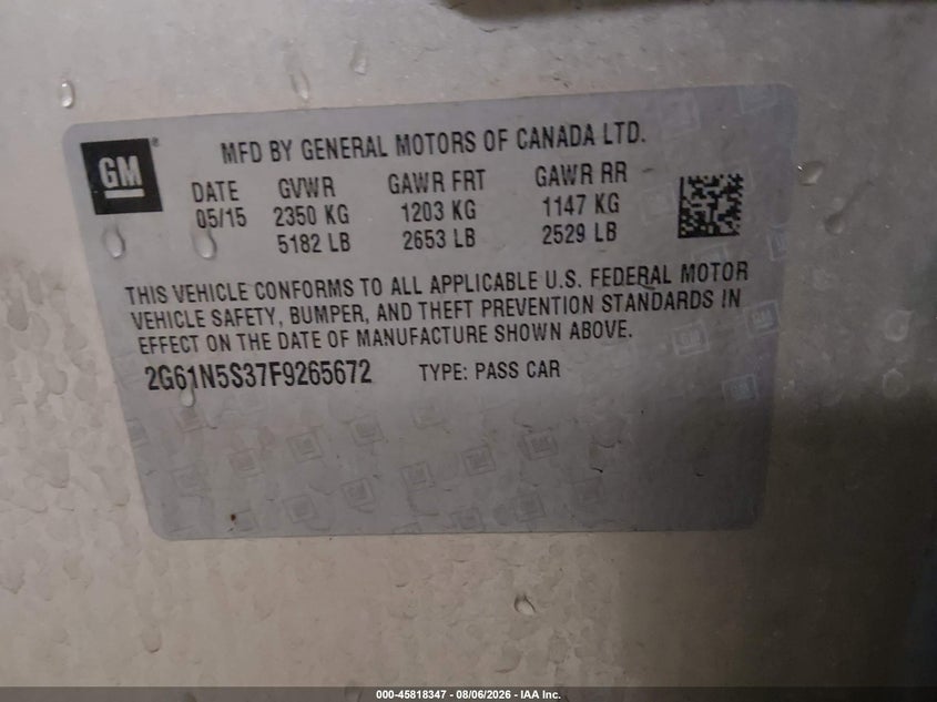 2015 Cadillac Xts VIN 2G61N5S37F9265672 IAAI salvage auction — RIGHT SIDE, Salvage (Idaho), sold $2,100 on 2026-09-04 (photo 9)