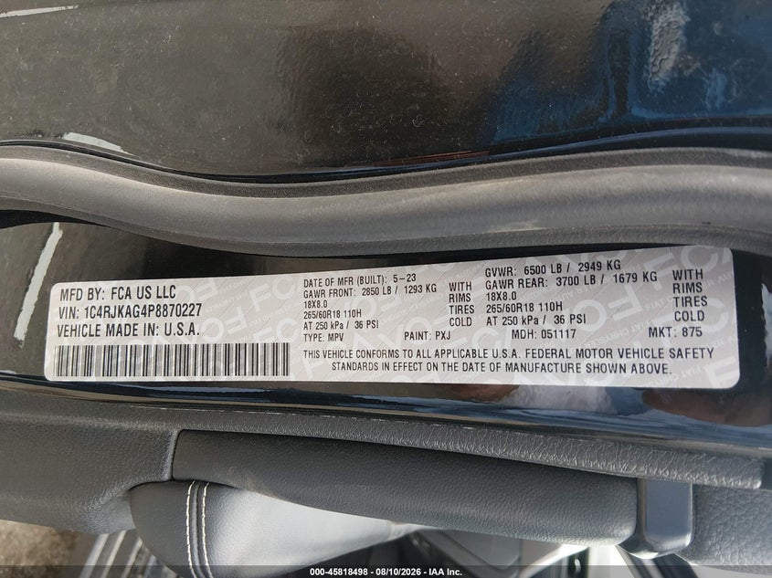2023 Jeep Grand cherokee l VIN 1C4RJKAG4P8870227 IAAI salvage auction — REAR END, Enterprise Vehicles Clear Only (Colorado), sold $12,450 on 2026-08-11 (photo 9)
