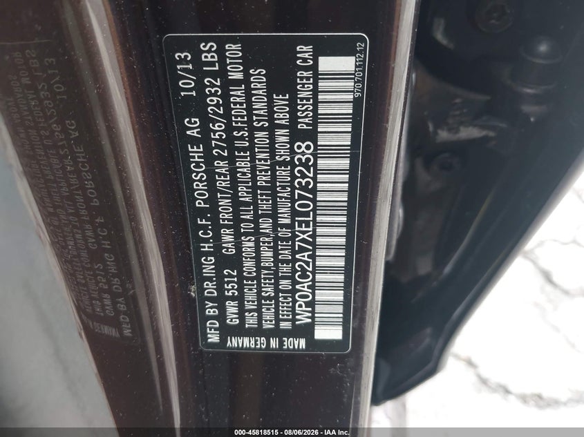 2014 Porsche Panamera VIN WP0AC2A7XEL073238 IAAI salvage auction — WATER/FLOOD, Salvage (Pennsylvania), sold $4,150 on 2026-09-04 (photo 9)