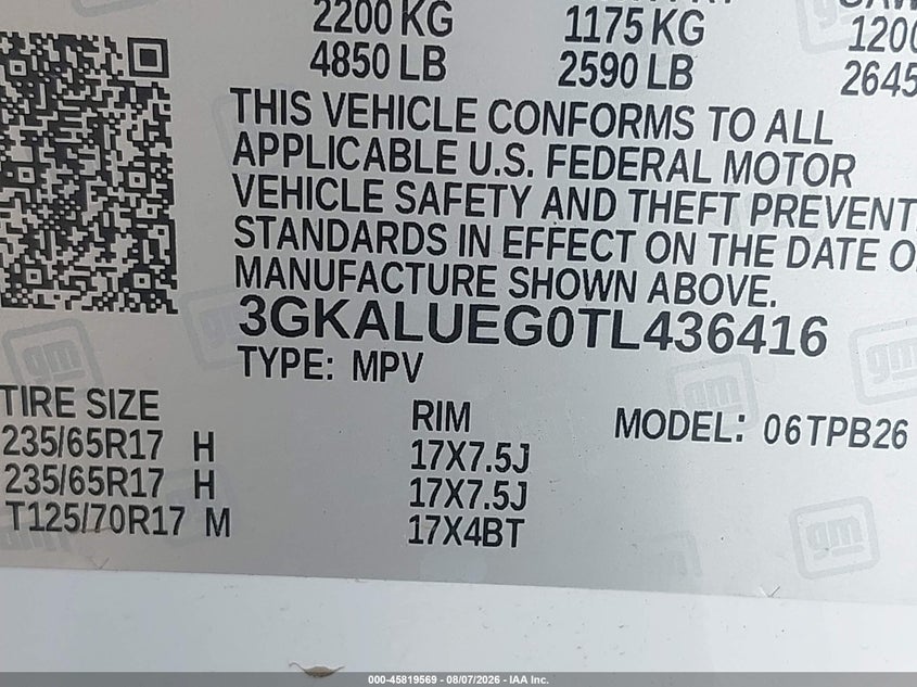 2026 Gmc Terrain VIN 3GKALUEG0TL436416 IAAI salvage auction — FRONT END, Wait Title, sold $11,950 on 2026-08-26 (photo 9)