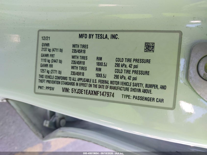 2022 Tesla Model 3 VIN 5YJ3E1EAXNF147974 IAAI salvage auction — SIDE, Salvage (California), sold $4,250 on 2026-08-30 (photo 9)
