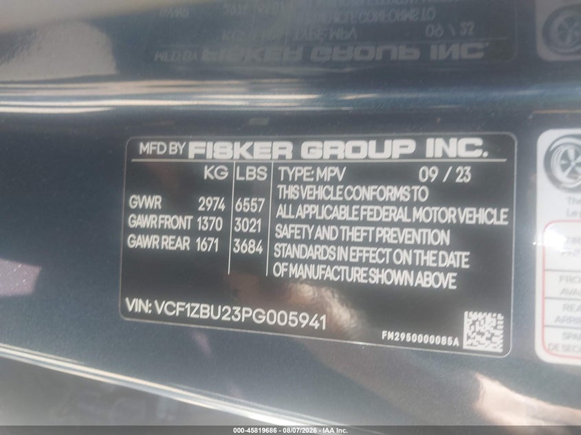 2023 Fisker Ocean VIN VCF1ZBU23PG005941 IAAI salvage auction — NORMAL WEAR, Wait Title, sold $8,700 on 2026-08-28 (photo 9)