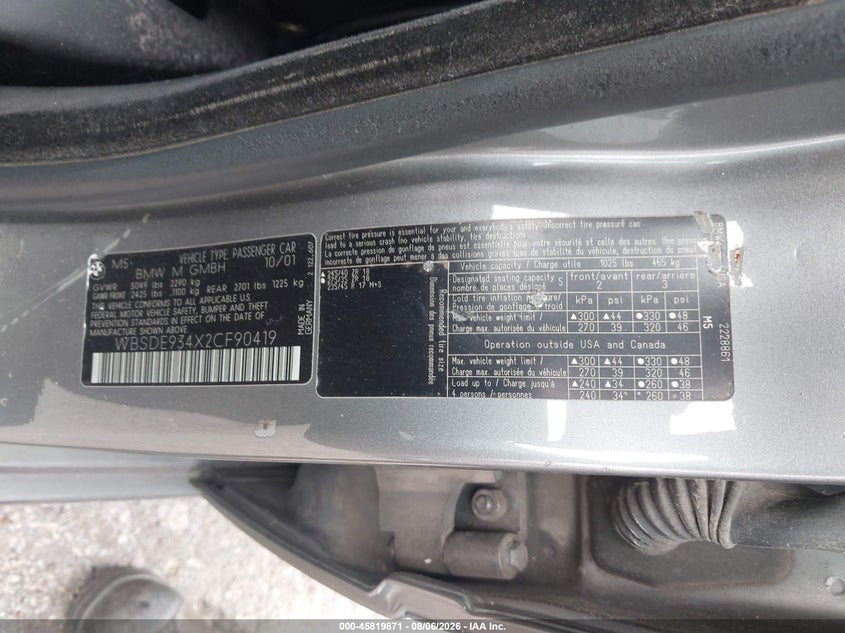 2002 BMW M5 VIN WBSDE934X2CF90419 IAAI salvage auction — NORMAL WEAR, Original (Texas), sold $7,250 on 2026-08-12 (photo 9)