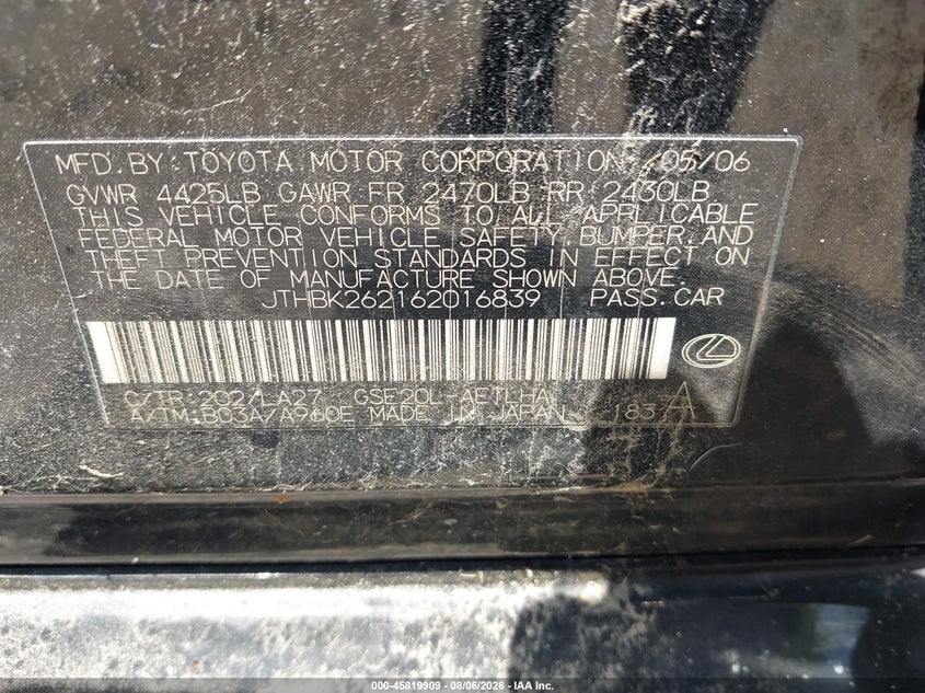 2006 Lexus Is 250 VIN JTHBK262162016839 IAAI salvage auction — NORMAL WEAR, Clear (Texas), sold $700 on 2026-09-03 (photo 9)