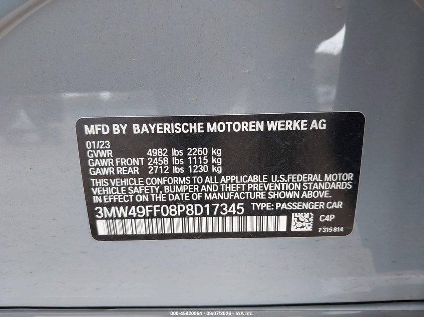 2023 BMW 3er VIN 3MW49FF08P8D17345 IAAI salvage auction — RIGHT SIDE, Salvage Title, sold $24,600 on 2026-09-14 (photo 9)