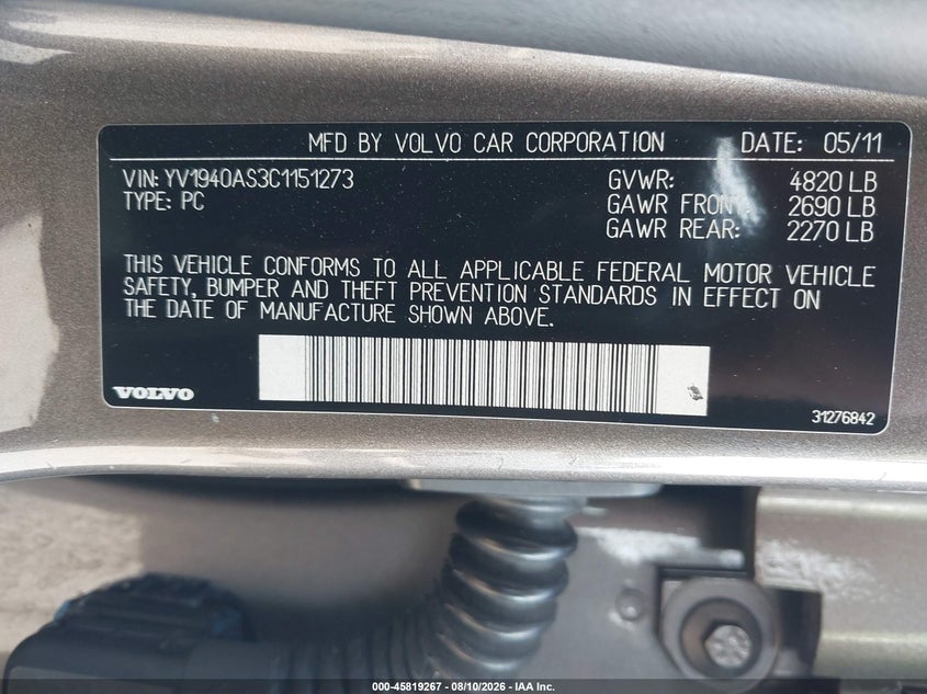 2012 Volvo S80 VIN YV1940AS3C1151273 IAAI salvage auction — NORMAL WEAR, Clear - Dealer Only (California), sold $225 on 2026-08-17 (photo 9)