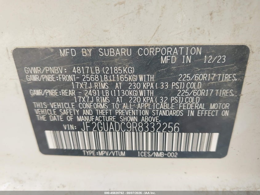 2024 Subaru Xv VIN JF2GUADC9R8332256 IAAI salvage auction — EXTERIOR BURN, Salvage Title, sold $10,250 on 2026-08-27 (photo 9)