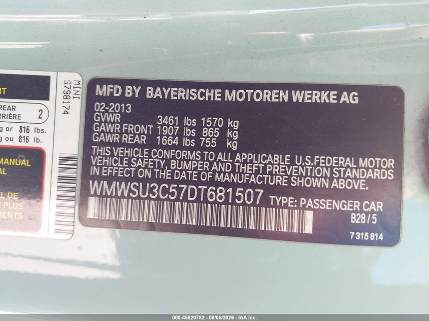 2013 Mini Hardtop VIN WMWSU3C57DT681507 IAAI salvage auction — NORMAL WEAR, Clear - Dealer Only (California), sold $375 on 2026-08-15 (photo 9)