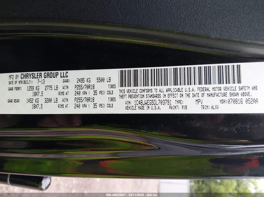 2013 Jeep Wrangler / VIN 1C4BJWEG5DL703791 IAAI salvage auction — SIDE, Clear (Wisconsin), sold $7,200 on 2026-08-24 (photo 9)