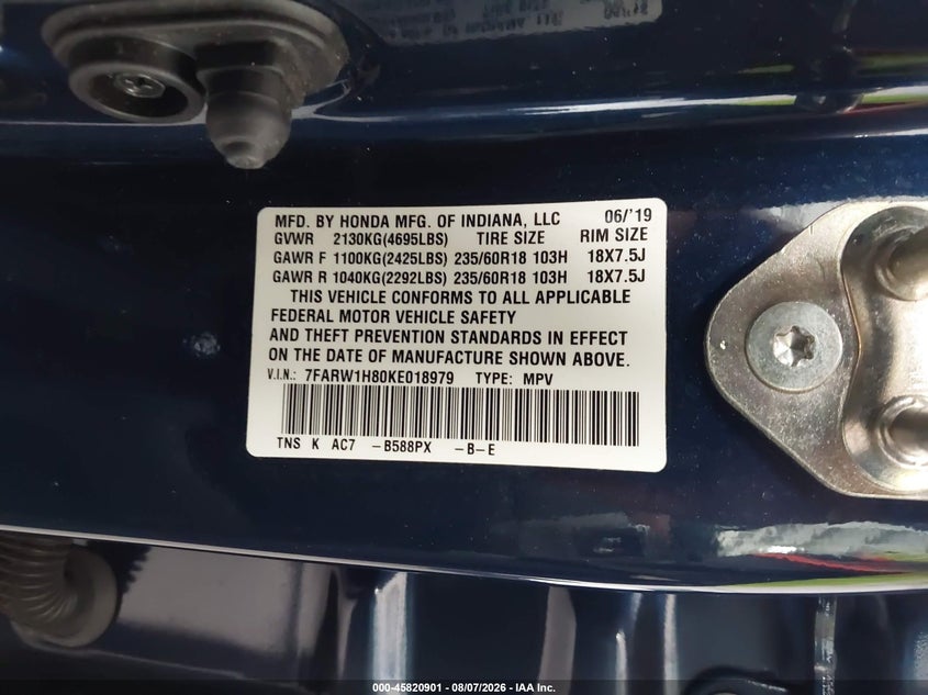 2019 Honda Cr-v VIN 7FARW1H80KE018979 IAAI salvage auction — REAR END, Wait Title, sold $8,100 on 2026-08-22 (photo 9)