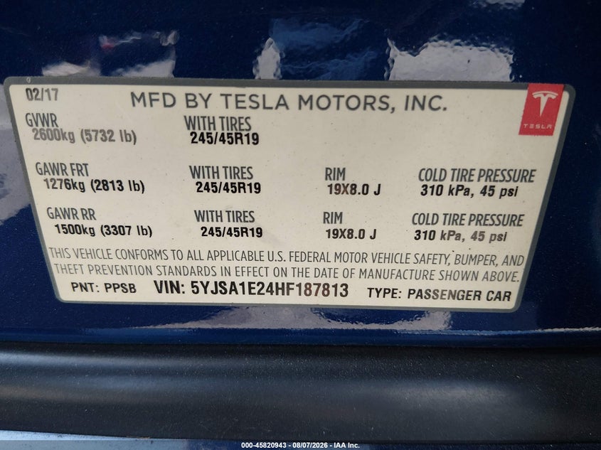 2017 Tesla Model S VIN 5YJSA1E24HF187813 IAAI salvage auction — FRONT END, Wait Title, sold $2,850 on 2026-10-08 (photo 9)