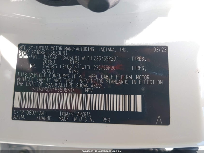 2023 Toyota Highlander VIN 5TDKDRBH1PS506514 IAAI salvage auction — Front End, Salvage (Pennsylvania), sold $22,900 on 2026-09-16 (photo 9)