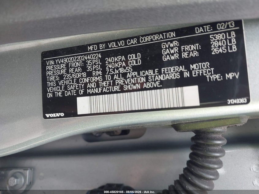 2013 Volvo Xc60 VIN YV4902DZ2D2440224 IAAI salvage auction — NORMAL WEAR, Clear (New Jersey), sold $3,000 on 2026-08-17 (photo 9)