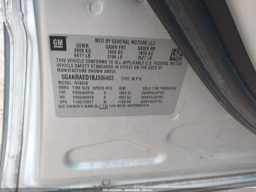 2011 Buick Enclave VIN 5GAKRAED1BJ306493 IAAI salvage auction — NORMAL WEAR, Original (Texas), sold $375 on 2026-09-13 (photo 9)