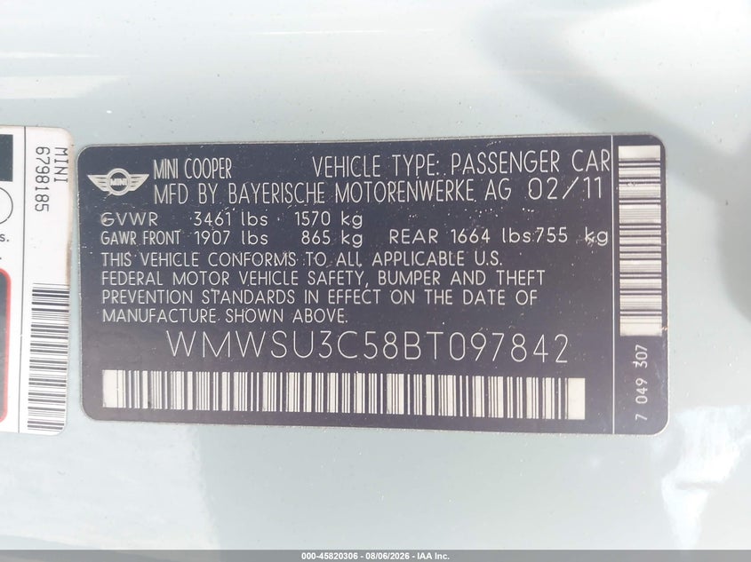 2011 Mini Cooper VIN WMWSU3C58BT097842 IAAI salvage auction — FRONT END, Rebuildable (Florida), sold $300 on 2026-08-31 (photo 9)