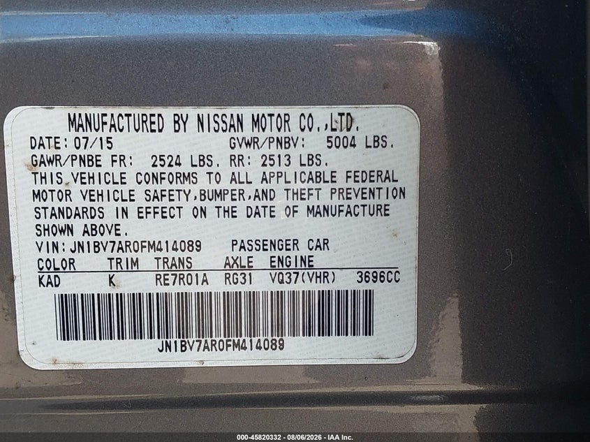 2015 Infiniti Q50 VIN JN1BV7AR0FM414089 IAAI salvage auction — NORMAL WEAR, Salvage Title, sold $25 on 2026-09-06 (photo 9)
