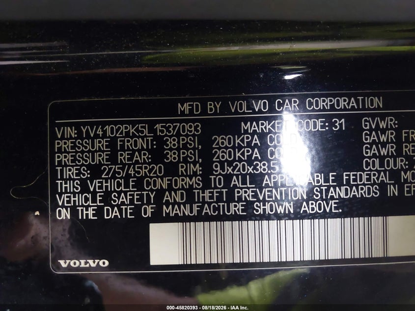 2020 Volvo Xc90 VIN YV4102PK5L1537093 IAAI salvage auction — ENGINE DAMAGE, Mv-907A (New York), sold $9,100 on 2026-08-26 (photo 9)