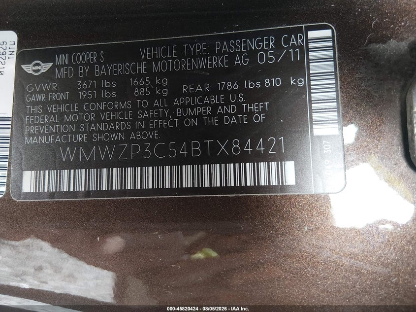 2011 Mini Cooper VIN WMWZP3C54BTX84421 IAAI salvage auction — NORMAL WEAR, Clear (South Carolina), sold $2,750 on 2026-08-11 (photo 9)