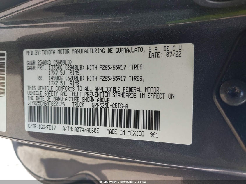 2022 Toyota Tacoma VIN 3TYRZ5CN6NT022126 IAAI salvage auction — REAR END, Salvage Certificate (California), sold $14,500 on 2026-09-16 (photo 9)