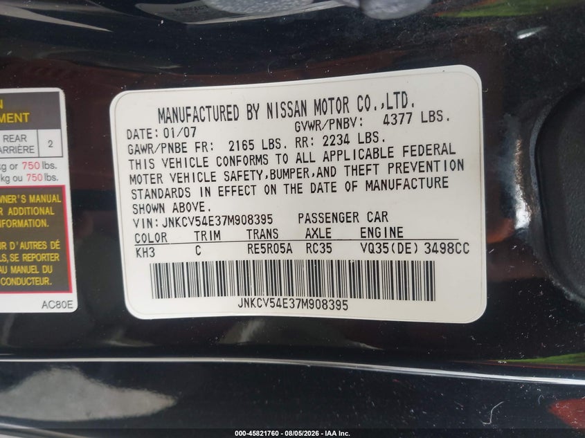 2007 Infiniti G35 VIN JNKCV54E37M908395 IAAI salvage auction — NORMAL WEAR, Clear (Kansas), sold $1,100 on 2026-09-08 (photo 9)