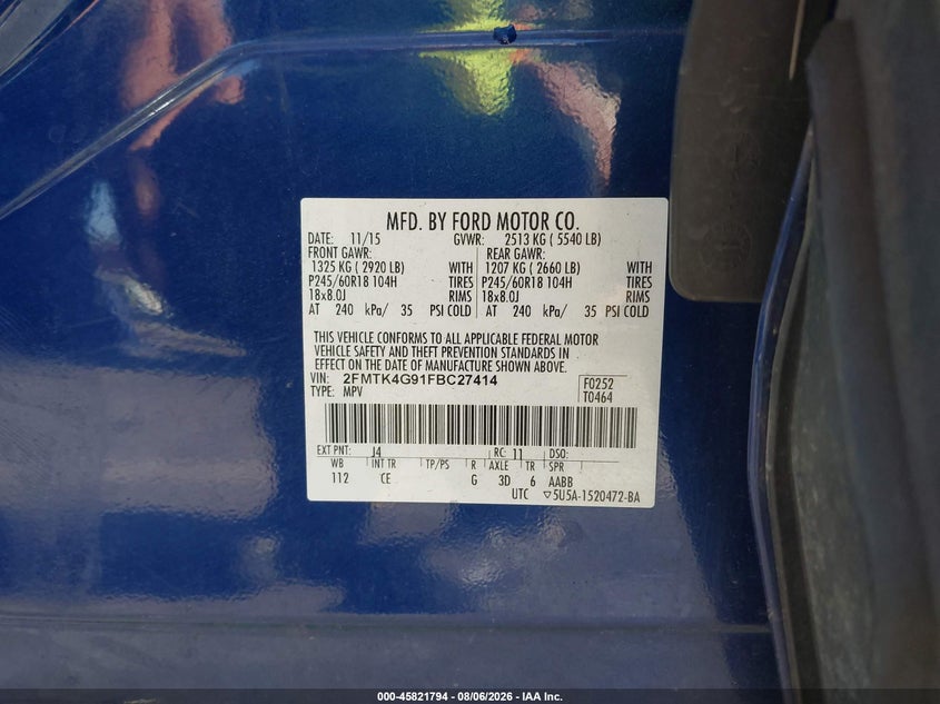 2015 Ford Edge VIN 2FMTK4G91FBC27414 IAAI salvage auction — REAR END, Salvage (North Carolina), sold $950 on 2026-09-03 (photo 9)