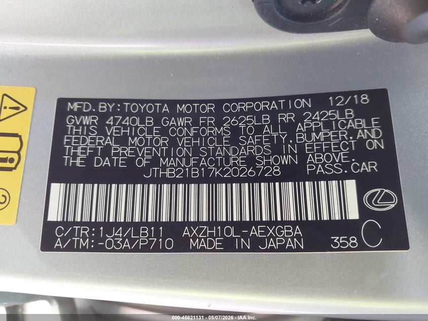 2019 Lexus ES VIN JTHB21B17K2026728 IAAI salvage auction — FRONT END, Salvage Title, sold $6,700 on 2026-09-04 (photo 9)