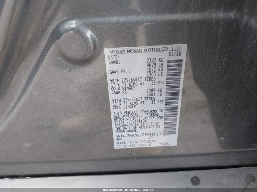 2016 Nissan Rogue VIN 5N1AT2MV7GC799017 IAAI salvage auction — RIGHT FRONT, Salvage Title, sold $775 on 2026-08-22 (photo 9)