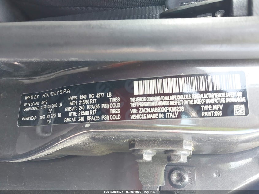 2019 Jeep Renegade VIN ZACNJABBXKPK88238 IAAI salvage auction — RIGHT SIDE, Clear (Mississippi), sold $1,100 on 2026-08-19 (photo 9)