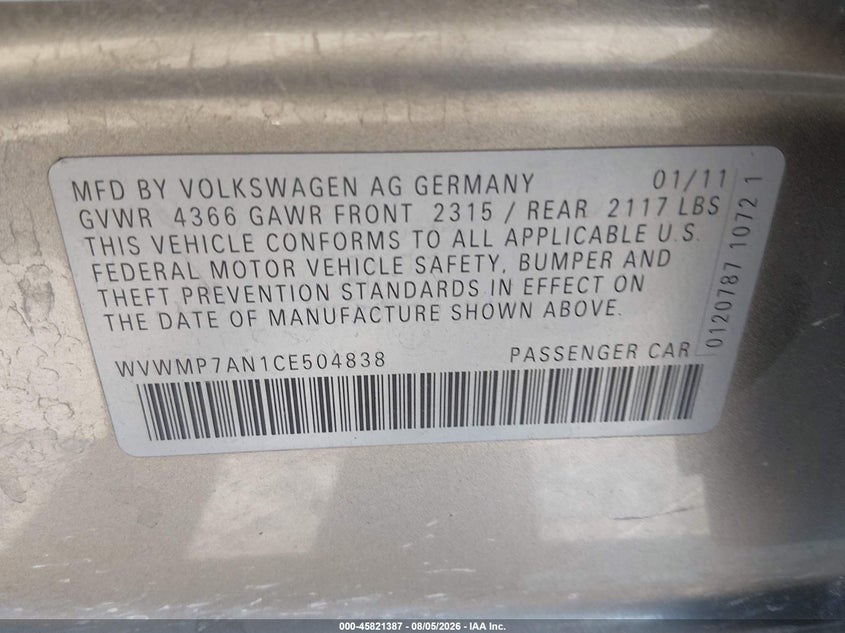 2012 Volkswagen Passat cc VIN WVWMP7AN1CE504838 IAAI salvage auction — NORMAL WEAR, Salvage Title, sold $25 on 2026-08-16 (photo 9)