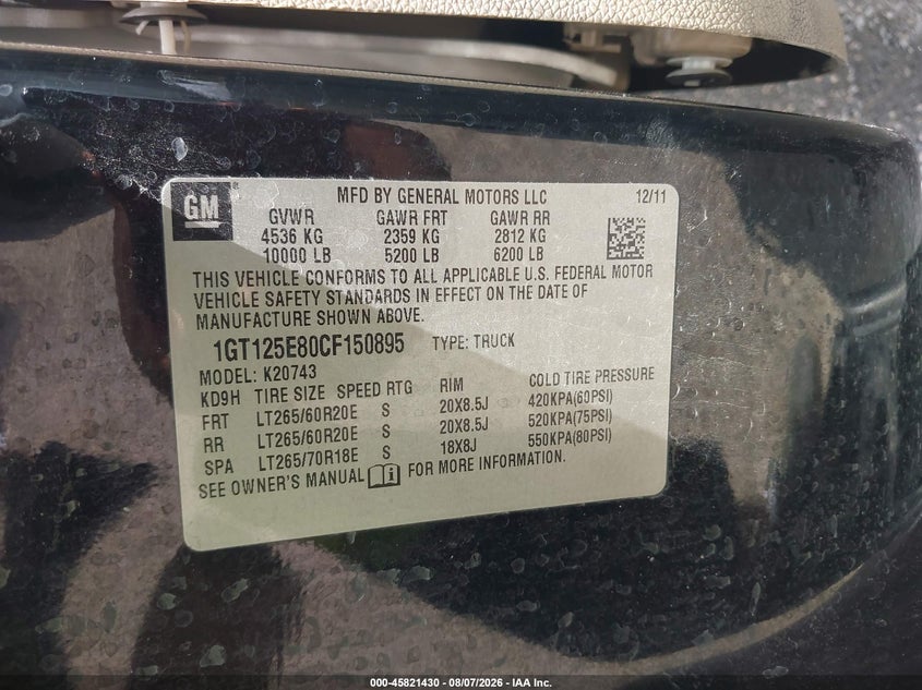 2012 Gmc SIERRA VIN 1GT125E80CF150895 IAAI salvage auction — LEFT FRONT, Salvage Title, sold $9,800 on 2026-09-09 (photo 9)