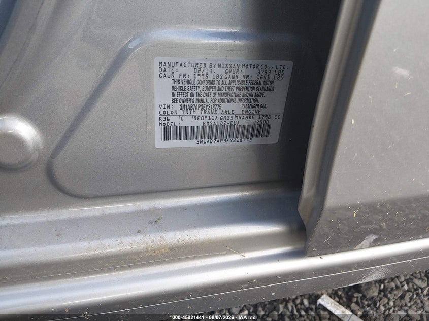 2014 Nissan Sentra VIN 3N1AB7AP3EY218775 IAAI salvage auction — NORMAL WEAR, Clear (New Jersey), sold $350 on 2026-08-21 (photo 9)