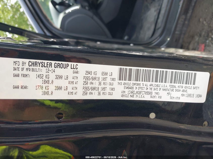 2015 Dodge Durango VIN 1C4RDJAG8FC709909 IAAI salvage auction — LEFT FRONT, Salvage Title, sold $1,325 on 2026-09-01 (photo 9)