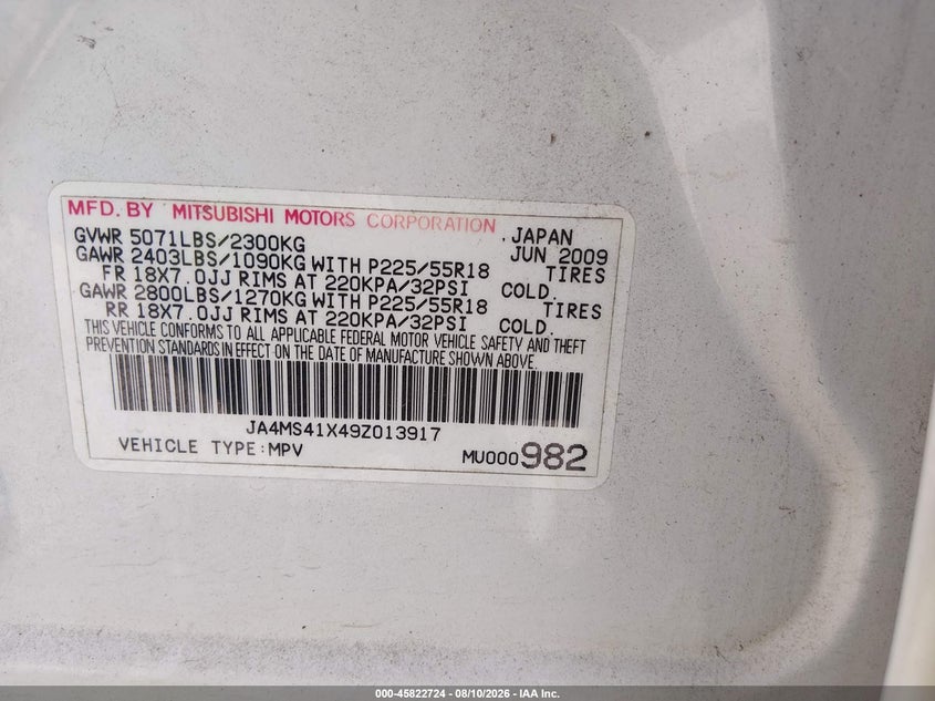 2009 Mitsubishi Outlander VIN JA4MS41X49Z013917 IAAI salvage auction — FRONT END, Salvage (Texas), sold $650 on 2026-08-27 (photo 9)
