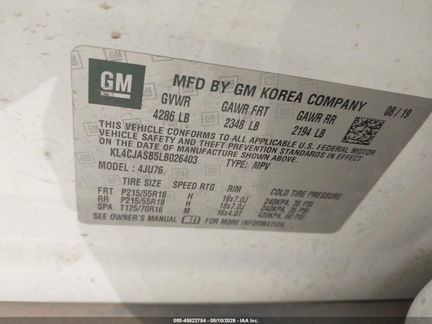 2020 Buick Encore VIN KL4CJASB5LB026403 IAAI salvage auction — RIGHT FRONT, Salvage (Arizona), sold $1,550 on 2026-08-30 (photo 9)