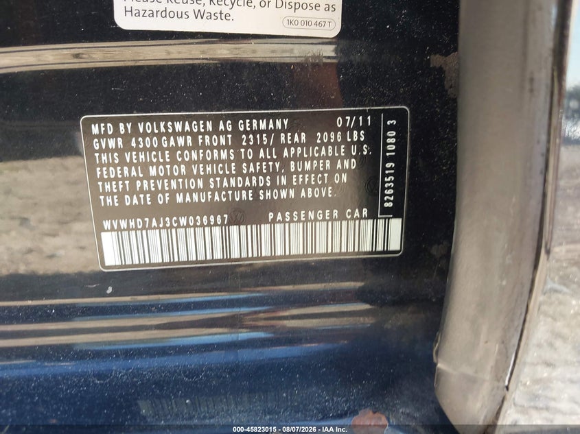 2012 Volkswagen Gti VIN WVWHD7AJ3CW036967 IAAI salvage auction — REAR END, Salvage Title, sold $700 on 2026-08-18 (photo 9)