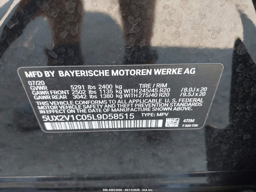 2020 BMW X4 VIN 5UX2V1C05L9D58515 IAAI salvage auction — FRONT END, Salvage (Virginia), sold $18,400 on 2026-08-21 (photo 9)