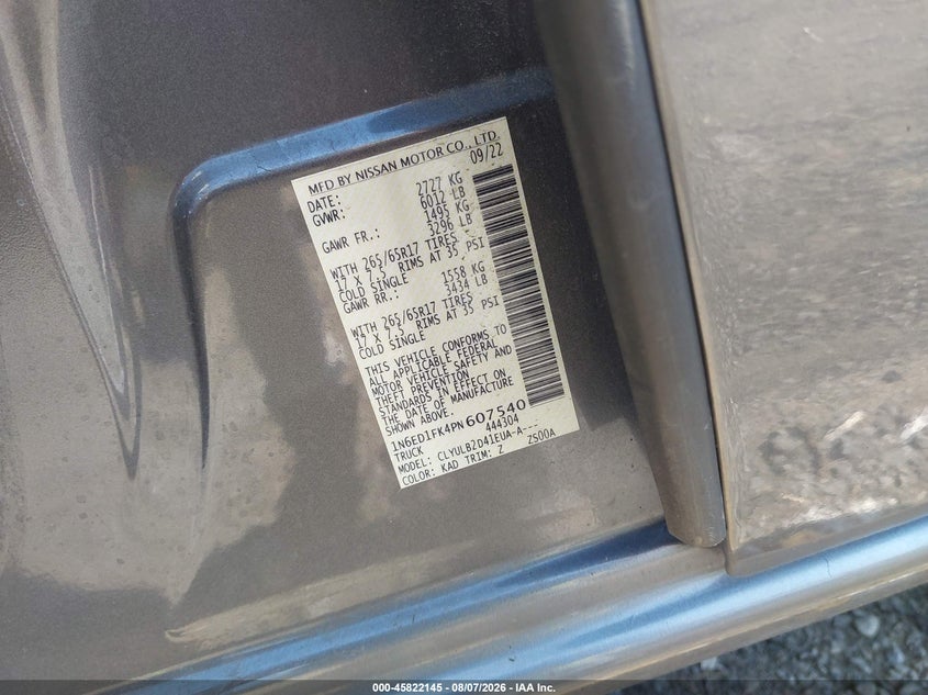 2023 Nissan Navara (frontier) VIN 1N6ED1FK4PN607540 IAAI salvage auction — FRONT END, Salvage Title, sold $10,400 on 2026-08-21 (photo 9)