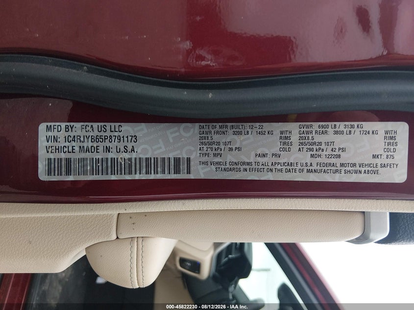 2023 Jeep Grand cherokee VIN 1C4RJYB65P8791173 IAAI salvage auction — FRONT END, Salvage Title, sold $12,250 on 2026-08-29 (photo 9)