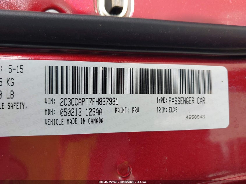 2015 Chrysler 300c VIN 2C3CCAPT7FH837931 IAAI salvage auction — THEFT, Wait Title, sold $100 on 2026-08-27 (photo 9)