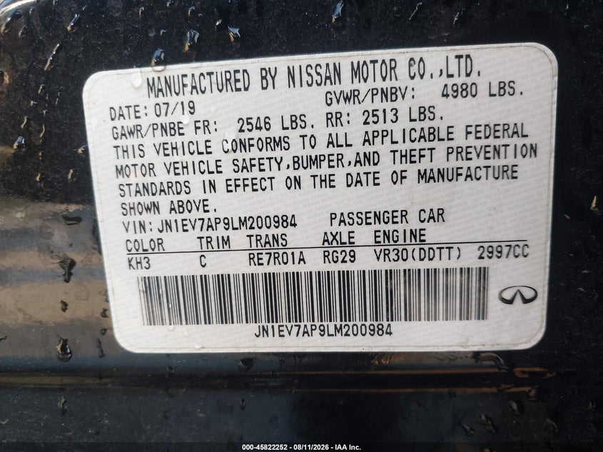 2020 Infiniti Q50 VIN JN1EV7AP9LM200984 IAAI salvage auction — FRONT & REAR, Salvage Title, sold $650 on 2026-09-05 (photo 9)