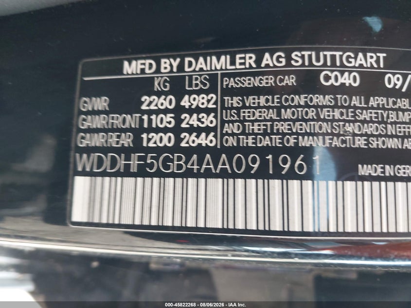 2010 Mercedes-benz E-class VIN WDDHF5GB4AA091961 IAAI salvage auction — NORMAL WEAR, Clear (North Carolina), sold $550 on 2026-08-14 (photo 9)