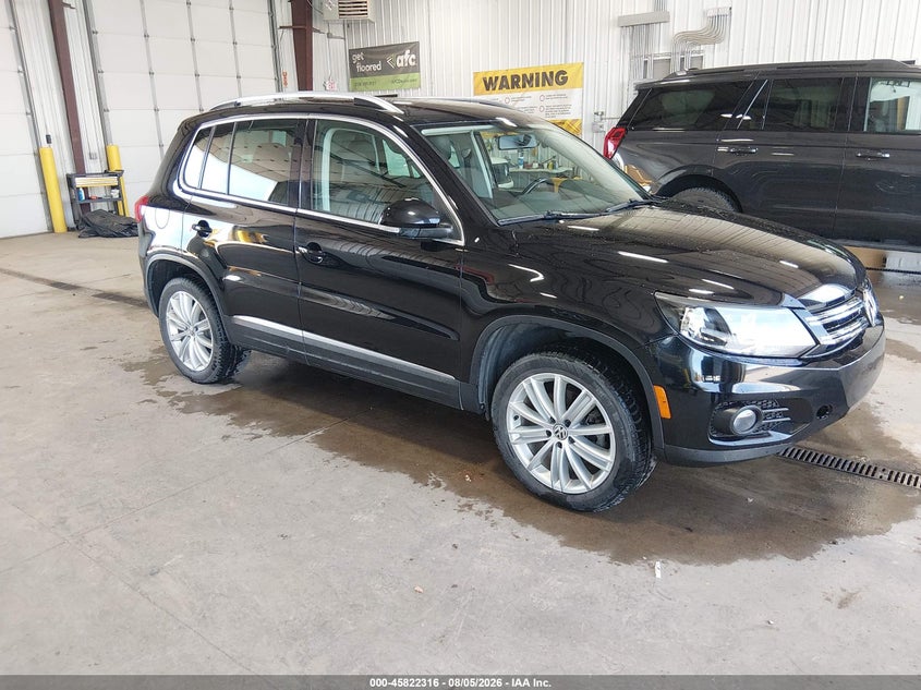 2014 Volkswagen Tiguan VIN WVGBV3AX2EW568984 IAAI salvage auction — LEFT SIDE, Previously Damaged (North Dakota), sold $1,050 on 2026-08-13 (photo 1)