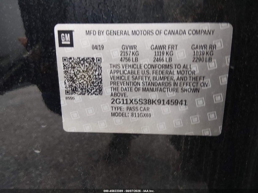 2019 Chevrolet Impala VIN 2G11X5S38K9145941 IAAI salvage auction — NORMAL WEAR, SF97 (Maryland), sold $14,950 on 2026-09-08 (photo 9)
